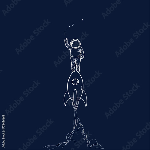Minimalist white line art of an astronaut standing on a launching rocket, reaching for small stars in a dark blue sky.