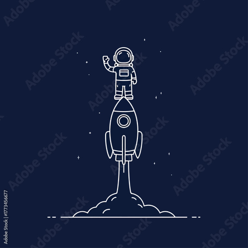 A cartoon astronaut waving while standing on a launching rocket ship in space.