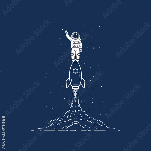 An astronaut stands on a rocket ship as it blasts off into space, leaving a trail of smoke and stars behind.