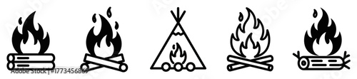 Illustration of campfires and a teepee with a fire inside, in black and white.