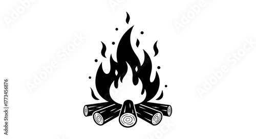 Illustration of a campfire with logs and flames in black and white.