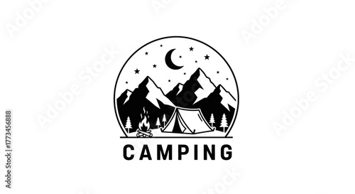 Camping logo with mountains, tent, moon, and stars in a circular design.