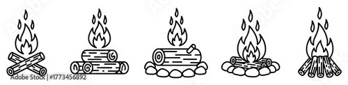 Five black and white line drawings of campfires with flames and different wood arrangements.