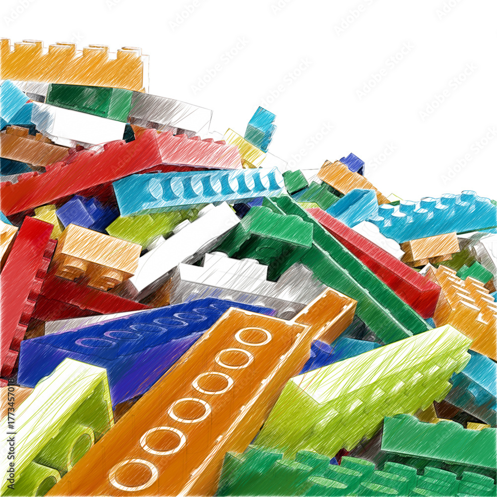 Obraz premium Constructor set (Lego like) pile isolated transparent background sketch