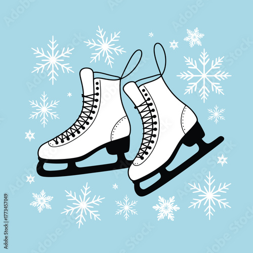 Pair of white ice skates decorated with snowflakes on a blue background.