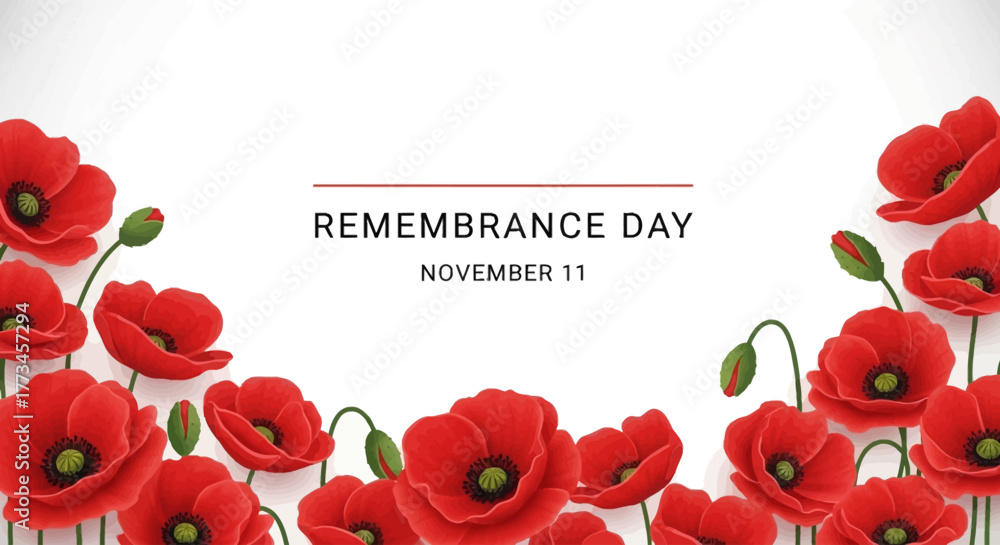 Naklejka premium Remembrance Day image with red poppies and the date November 11 on a white background.