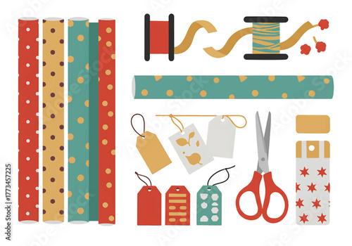 Flat lay of various colorful crafting supplies including papers, scissors, and spool of thread on a white background.