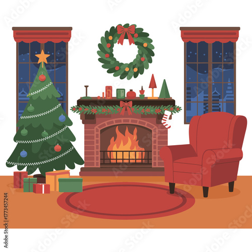 Cozy Christmas living room with a decorated tree and roaring fireplace.