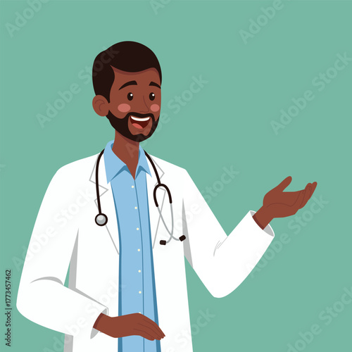 Smiling dark skinned male doctor wearing a white coat and stethoscope, gesturing with one hand as if explaining or giving advice. Ideal for healthcare and medical themes.