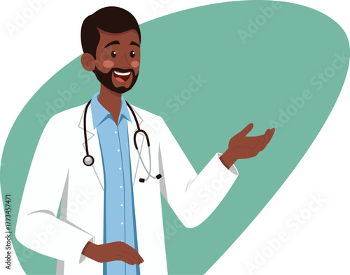 Smiling dark skinned male doctor wearing a white coat and stethoscope, gesturing with one hand as if explaining or giving advice. Ideal for healthcare and medical themes.