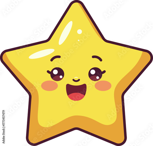 Adorable yellow star cartoon with a happy smiling face, bright eyes, and rosy cheeks. This cheerful kawaii style illustration conveys joy, positivity, and playfulness for kids and creative designs.