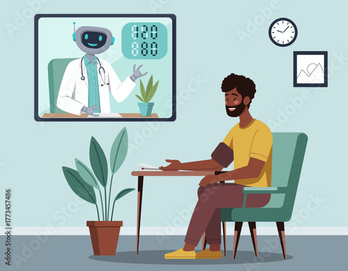 Dark skinned man checking blood pressure at home during an online telemedicine consultation with robot virtual doctor on a computer screen, symbolizing modern digital healthcare solutions.