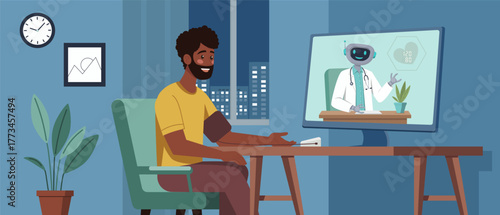 Dark skinned man checking blood pressure at home during an online telemedicine consultation with robot virtual doctor on a computer screen, symbolizing modern digital healthcare solutions.