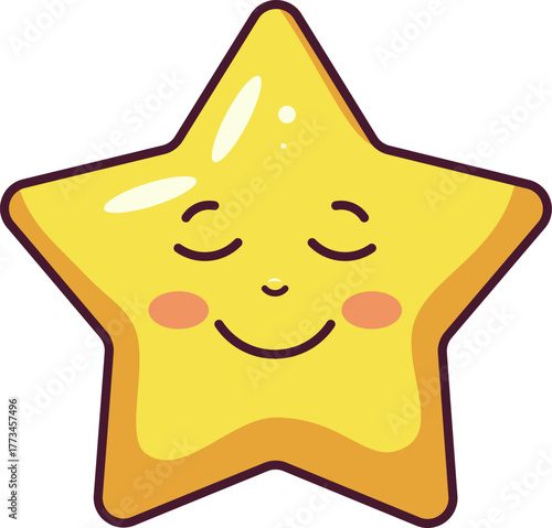 Adorable yellow star cartoon with a happy smiling face, bright eyes, and rosy cheeks. This cheerful kawaii style illustration conveys joy, positivity, and playfulness for kids and creative designs.