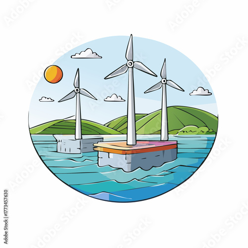 Tidal power facility in a bay with Turbines on a Sunny Day