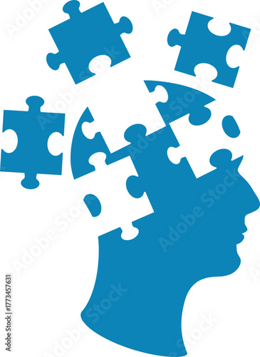 Silhouette of head made of blue puzzle pieces, symbolizing brain activity, education, memory and mental health. Abstract conceptual illustration of brain damage, psychological problems and stress.