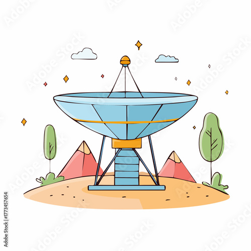 Large radio telescope explores the desert landscape during the afternoon