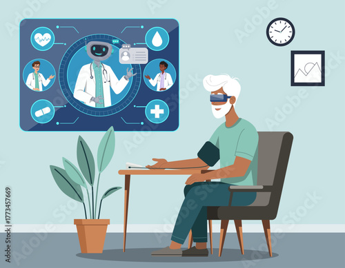 Elder man wearing VR glasses, engaging with healthcare professionals displayed on screen. Scene highlights advanced technology, telemedicine, innovative healthcare solutions for improved patient care.