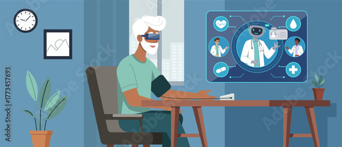 Elder man wearing VR glasses, engaging with healthcare professionals displayed on screen. Scene highlights advanced technology, telemedicine, innovative healthcare solutions for improved patient care.