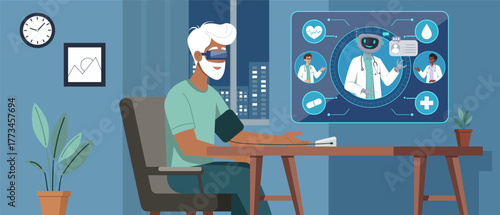 Elder man wearing VR glasses, engaging with healthcare professionals displayed on screen. Scene highlights advanced technology, telemedicine, innovative healthcare solutions for improved patient care.