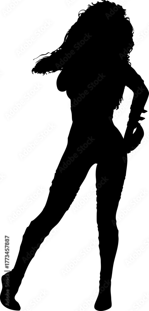 Fototapeta premium Silhouette illustration of a dynamic female warrior with curved blades. The figure showcases strength, agility, and combat intensity in a dramatic pose.