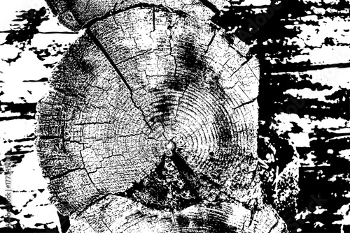 High contrast illustration of a rustic tree trunk with visible annual rings and rough bark texture. Detailed wood grain design perfect for backgrounds, patterns, or nature themed graphic projects.
