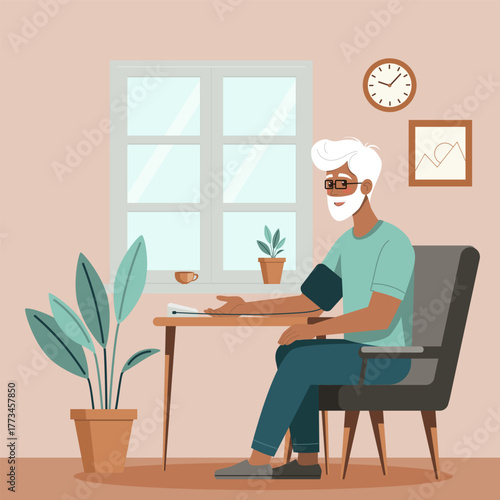 Illustration of smiling elder man sitting in a cozy room while checking his blood pressure with a digital monitor. Interior includes plants, window, wall clock, and framed art for a homey feel