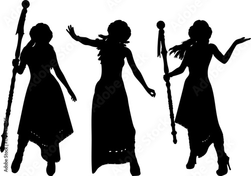 Silhouette of a mysterious sorceress holding a magical staff with a confident pose. The female figure stands gracefully, exuding power, mystery, and fantasy charm in a minimalist black design.