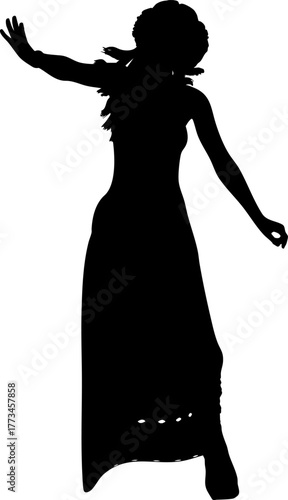 Silhouette of a mysterious sorceress holding a magical staff with a confident pose. The female figure stands gracefully, exuding power, mystery, and fantasy charm in a minimalist black design.