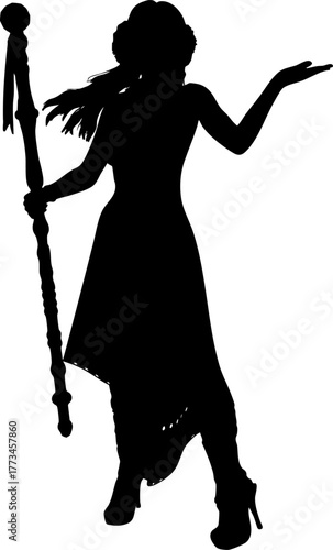 Silhouette of a mysterious sorceress holding a magical staff with a confident pose. The female figure stands gracefully, exuding power, mystery, and fantasy charm in a minimalist black design.