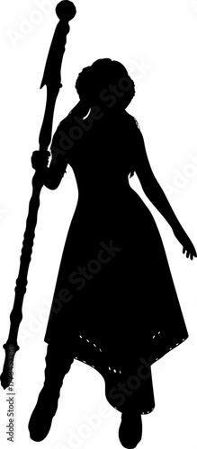 Silhouette of a mysterious sorceress holding a magical staff with a confident pose. The female figure stands gracefully, exuding power, mystery, and fantasy charm in a minimalist black design.