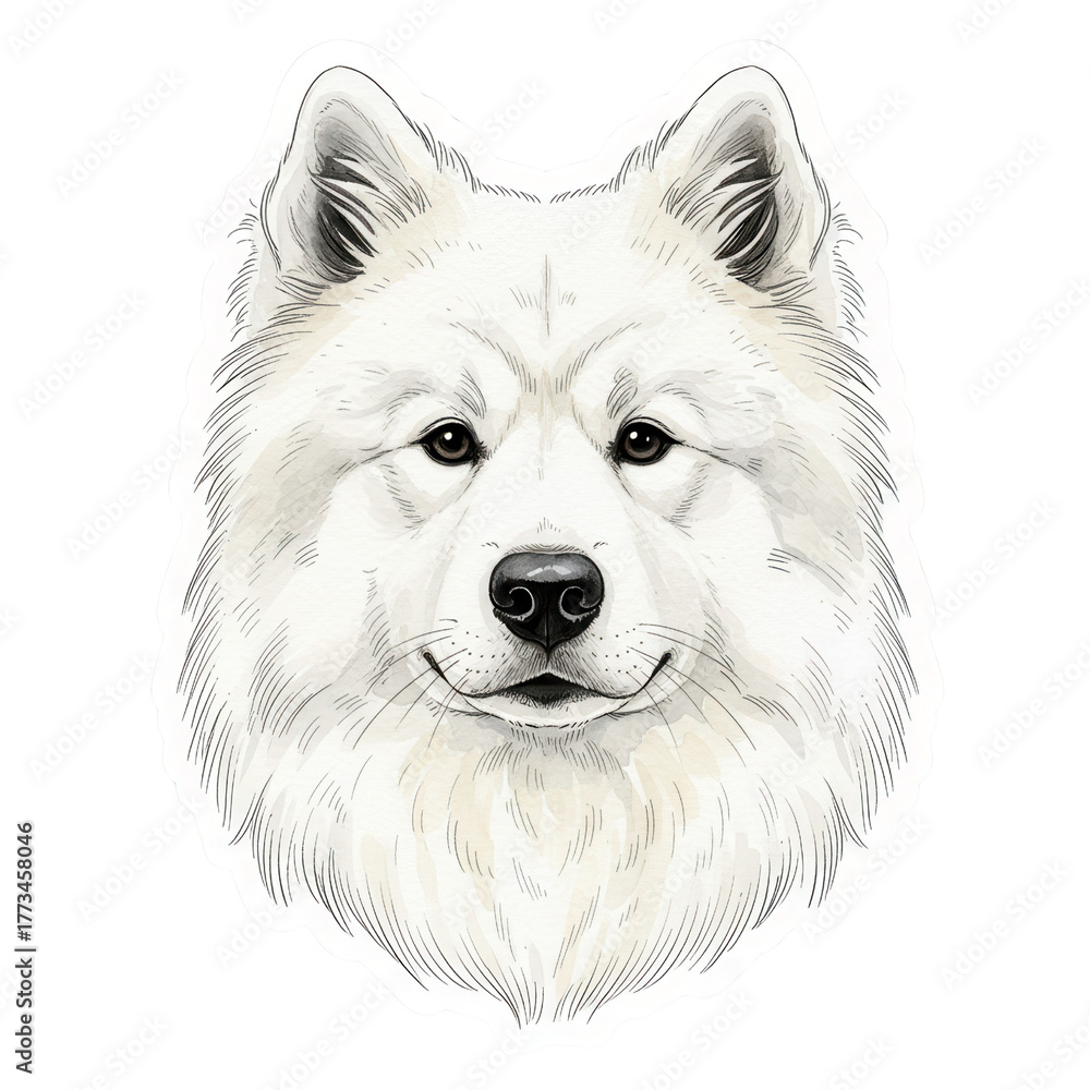 Fototapeta premium Detailed hand drawn illustration of a fluffy white samoyed dog's face