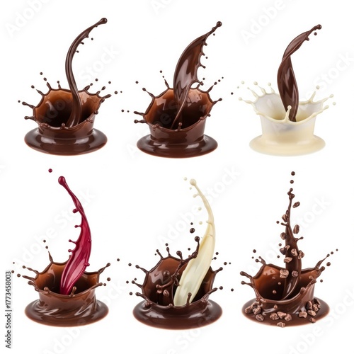 A dynamic display of chocolate splashes in various shades and textures, showcasing the artistry of liquid chocolate.