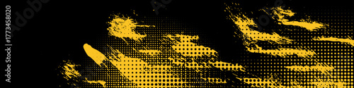 Illustration of dynamic yellow grunge brush strokes combined with halftone dot texture on a black background. Bold and energetic composition ideal for modern design elements and backdrops.