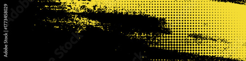 Illustration of dynamic yellow grunge brush strokes combined with halftone dot texture on a black background. Bold and energetic composition ideal for modern design elements and backdrops.