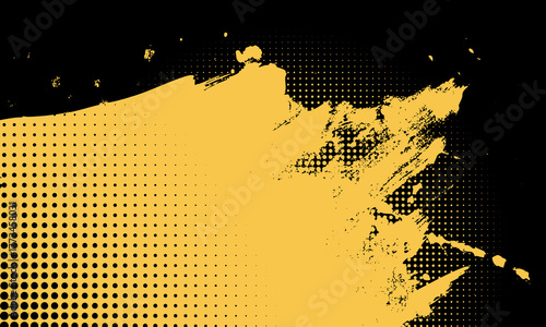 Illustration of dynamic yellow grunge brush strokes combined with halftone dot texture on a black background. Bold and energetic composition ideal for modern design elements and backdrops.