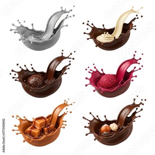 A dynamic display of splashing chocolate and dessert elements in vibrant colors, creating an indulgent and playful atmosphere.