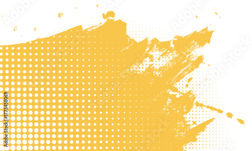 Abstract yellow brush strokes blended with halftone dot patterns on a clean white background. The modern texture creates a dynamic, artistic composition.