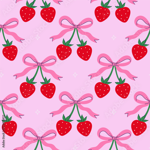 Seamless pattern with strawberries and bows. vector graphics.