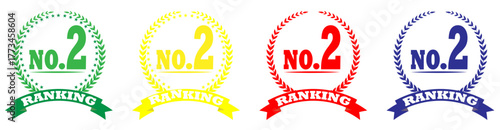 Laurel wreath no 2 ranking badge vector icon, No.2 ranking badge certificate achievement award vector, Best no.2 ranking award badge isolated vector, Colorful award badge no.2 ranking vector set