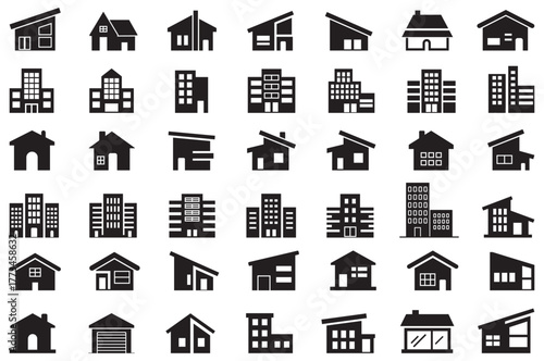 illustrated house and building icons, unique property and home vector pack for web design, Minimal house and apartment vector symbols, perfect for realty, mortgage and property business, vector icons