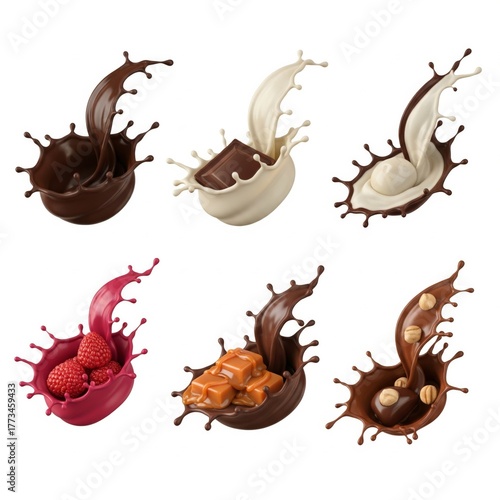 An artistic display of splashing chocolate and cream, featuring rich textures and vibrant colors in a playful arrangement.