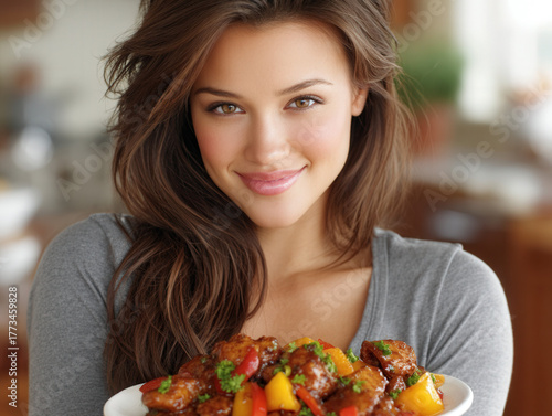 woman eating Chinese food