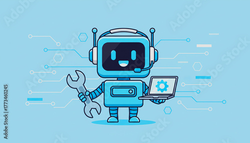 Wallpaper Mural cute tech support mascot holding a wrench and laptop  Generative AI Torontodigital.ca