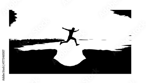 Man jumping silhouette between cliffs at sunrise — motivational success and challenge concept for design and business visuals