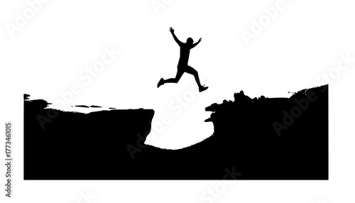 Man jumping silhouette between cliffs at sunrise — motivational success and challenge concept for design and business visuals