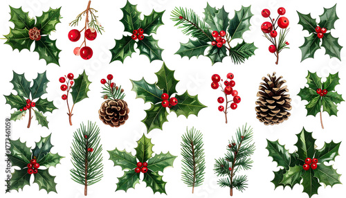 Holly, berry, and pine cone holiday decor on a black background