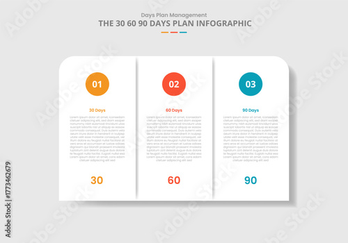 30 60 90 days management framework for infographic with drop shadow style with round box unite with circle badge on top with 3 point list information