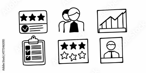 Doodle style icons representing customer feedback, team collaboration, and business performance metrics shown