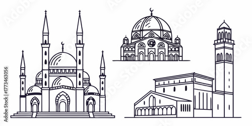 Illustration of various mosques and religious buildings with domes and towers in black outline style